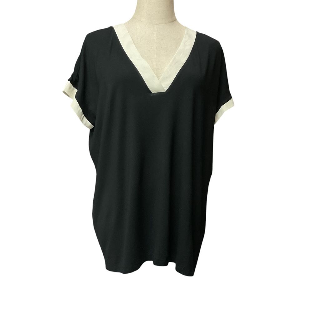 LAUREN Ralph Lauren Women's V-Neck Tunic Top Sz L Cream Trim Short Sleeve Blouse